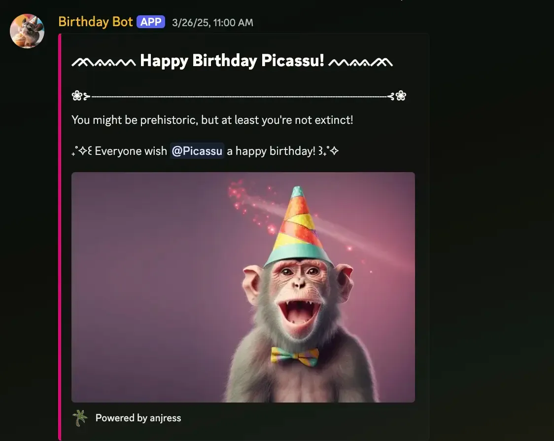 Bildschirmaufnahme von einer Discord Nachricht, wo Birthday bot den Geburtstag eines Mitgliedes verkündet