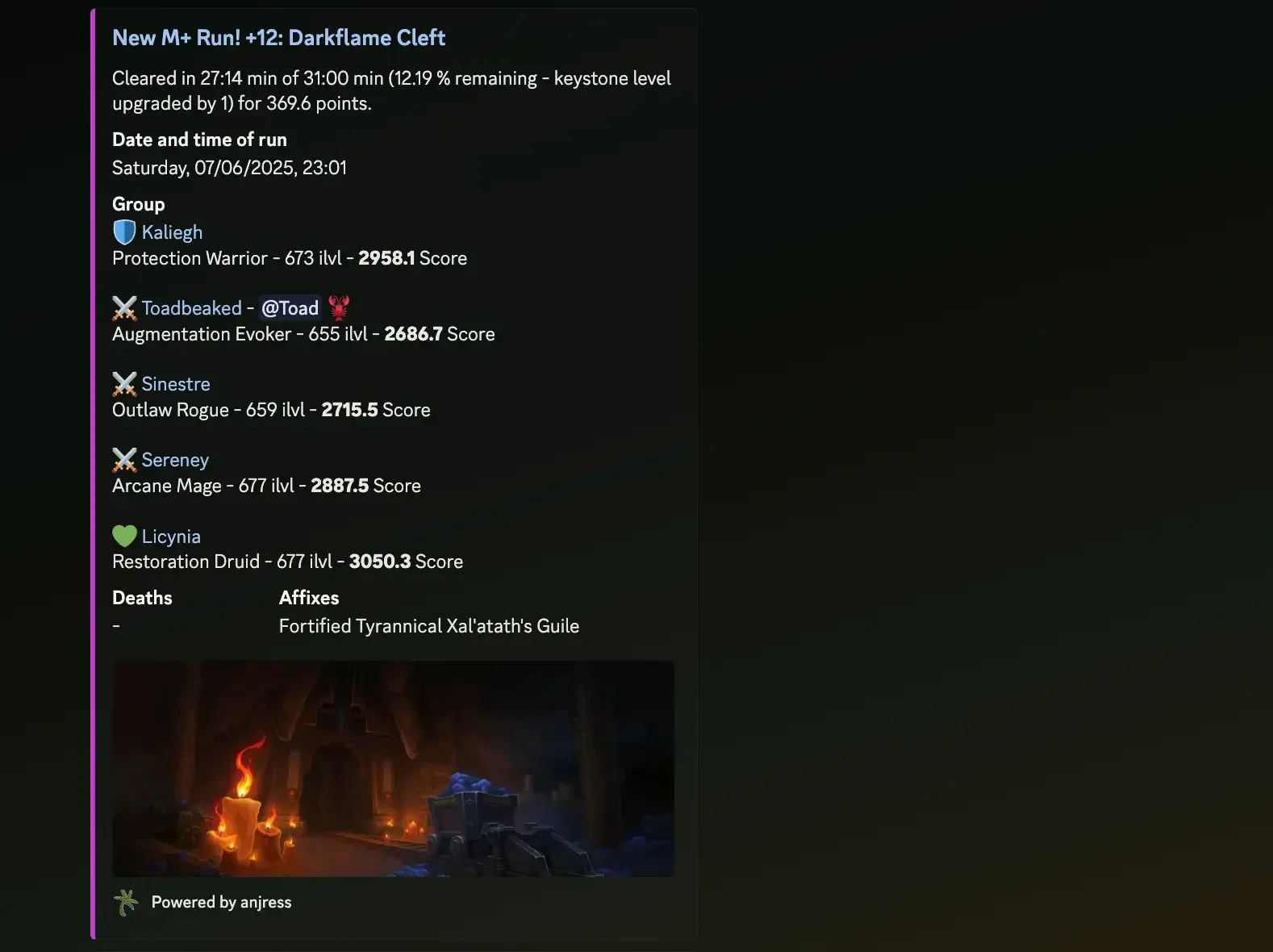 Bildschirmaufnahme von einer Discord Nachricht, wo Pico bot Details eines World of Warcraft Dungeon postet