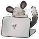 Handgezeichnete, digitale illustration von Dalí, einem weißem Chinchilla, der vor einem Laptop sitzt.
